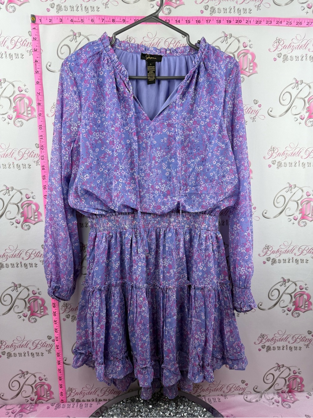 Japna dress bubble sleeves flowy boho Lavender Floral Tiered Long-Sleeve Dress